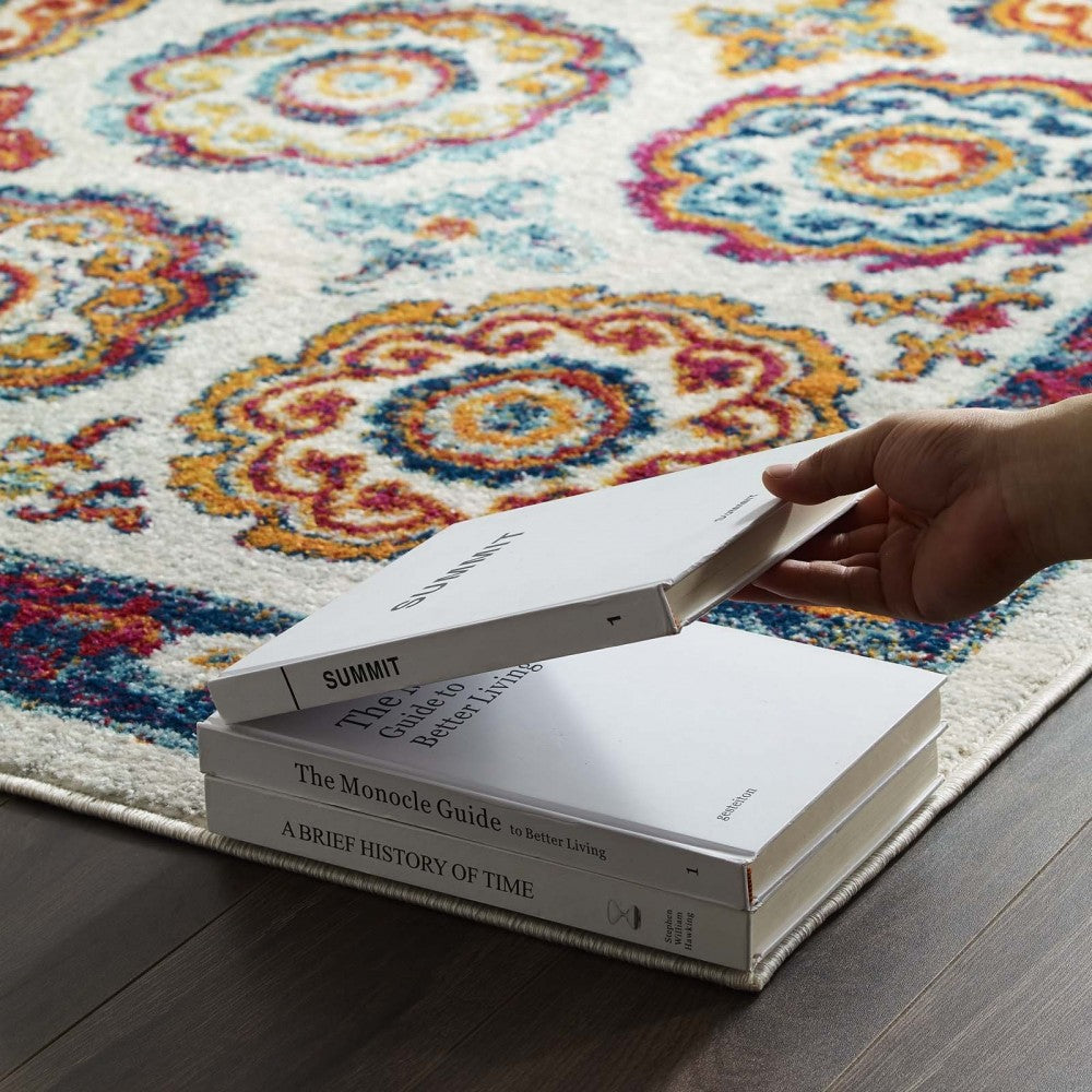 Entourage Odile Distressed Floral Moroccan Trellis 5x8 Area Rug, Ivory, Blue, Red, Orange, Yellow