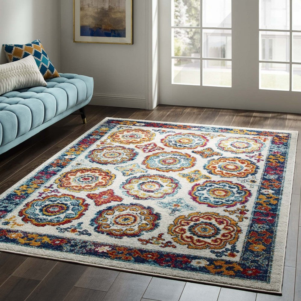 Entourage Odile Distressed Floral Moroccan Trellis 5x8 Area Rug, Ivory, Blue, Red, Orange, Yellow