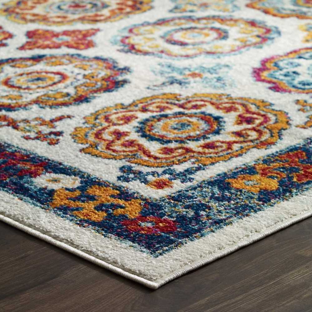 Entourage Odile Distressed Floral Moroccan Trellis 5x8 Area Rug, Ivory, Blue, Red, Orange, Yellow