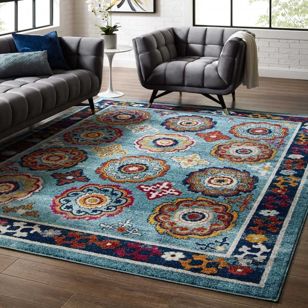 Entourage Odile Distressed Floral Moroccan Trellis 8x10 Area Rug, Blue, Red, Orange Yellow