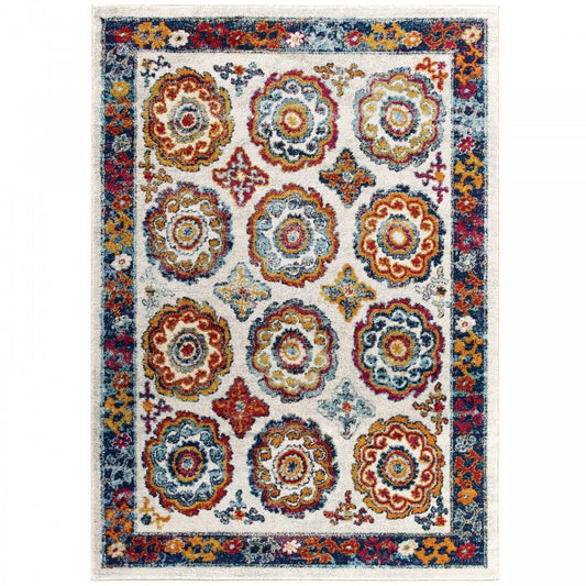 Entourage Odile Distressed Floral Moroccan Trellis 8x10 Area Rug, Ivory, Blue, Red, Orange, Yellow
