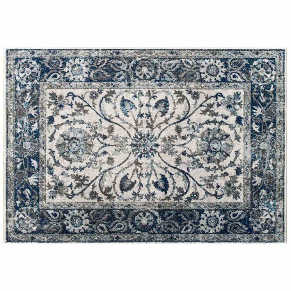 Entourage Samira Distressed Vintage Floral Persian Medallion 5x8 Area Rug, Ivory and Blue