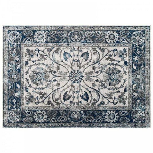 Entourage Samira Distressed Vintage Floral Persian Medallion 5x8 Area Rug, Ivory and Blue