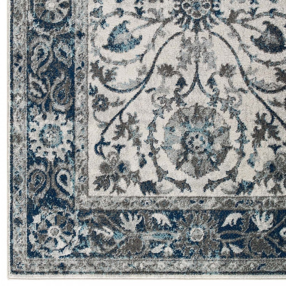 Entourage Samira Distressed Vintage Floral Persian Medallion 5x8 Area Rug, Ivory and Blue