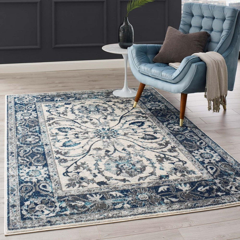 Entourage Samira Distressed Vintage Floral Persian Medallion 5x8 Area Rug, Ivory and Blue