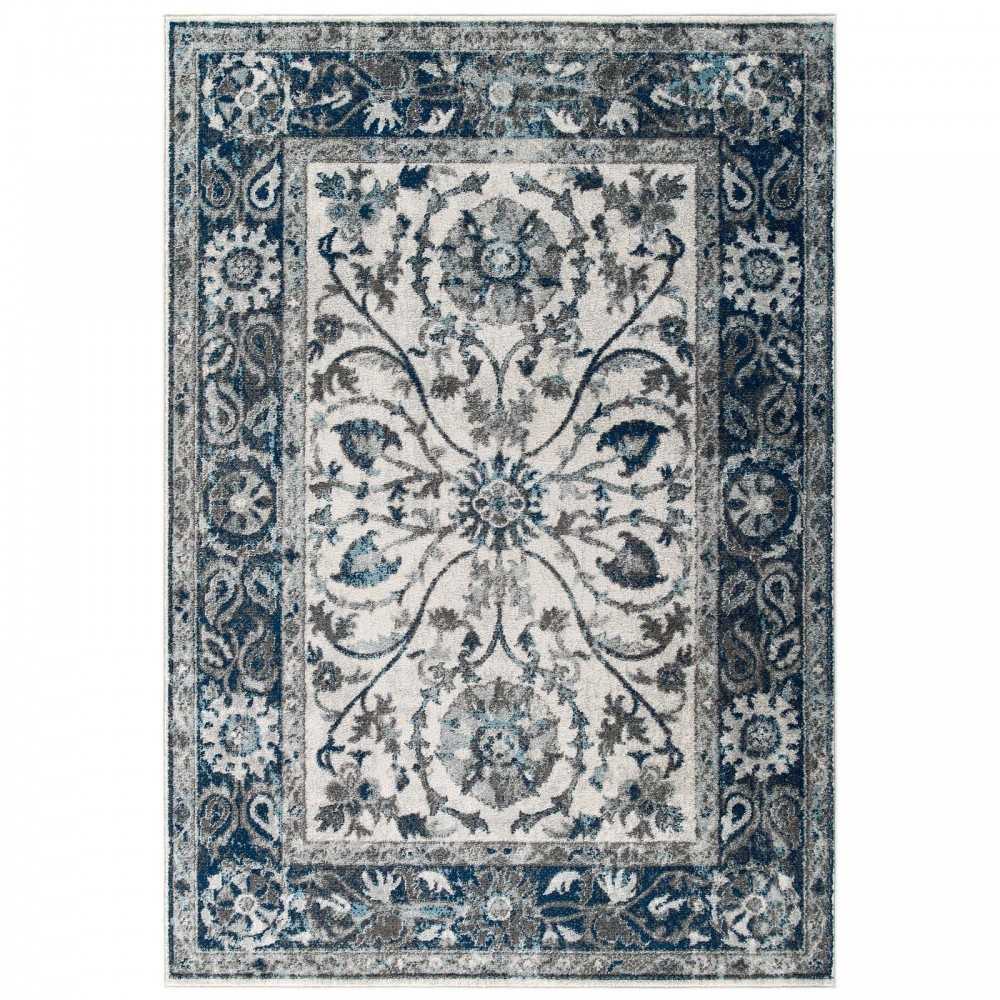 Entourage Samira Distressed Vintage Floral Persian Medallion 8x10 Area Rug, Ivory and Blue