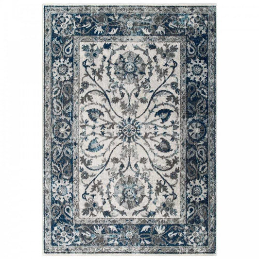 Entourage Samira Distressed Vintage Floral Persian Medallion 8x10 Area Rug, Ivory and Blue