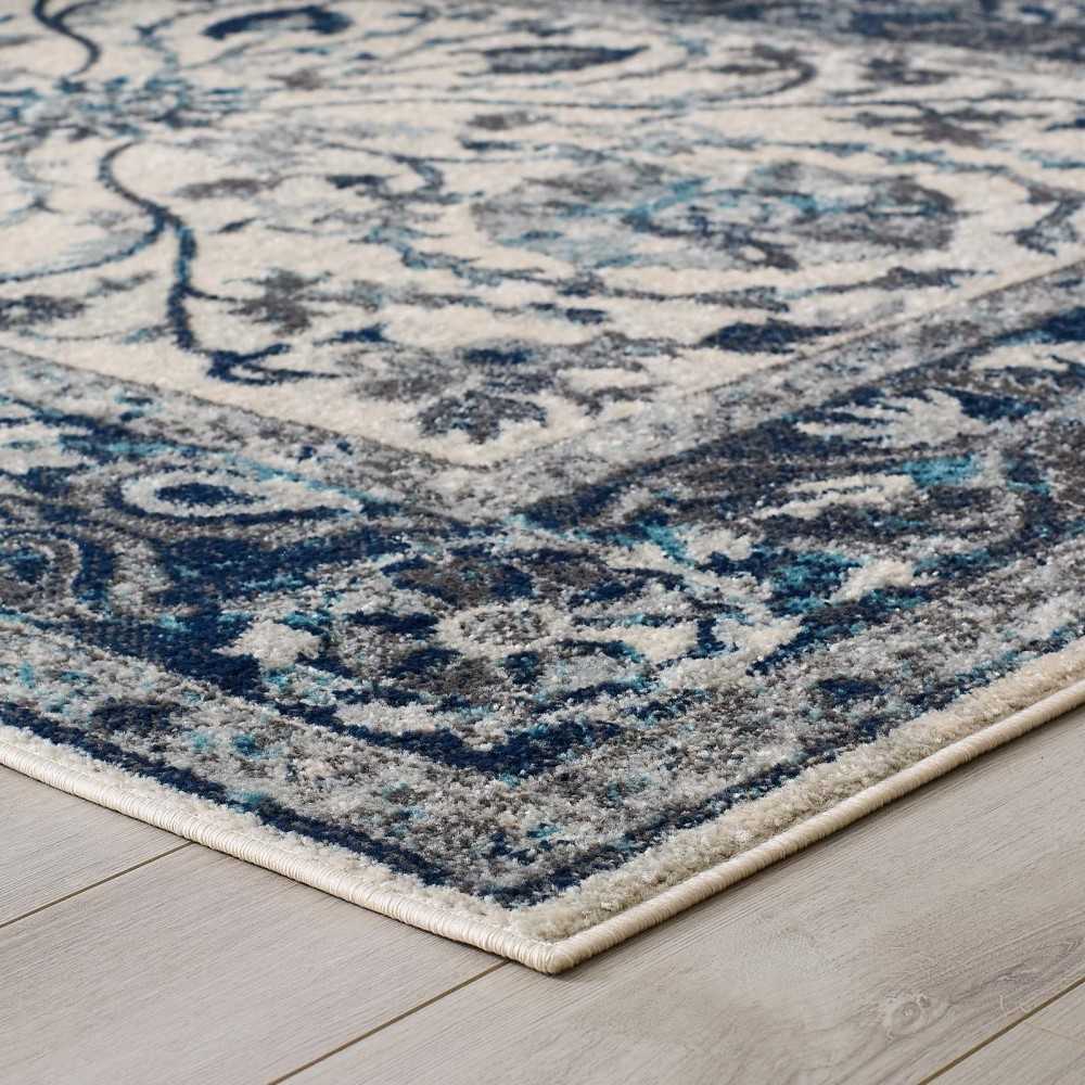 Entourage Samira Distressed Vintage Floral Persian Medallion 8x10 Area Rug, Ivory and Blue