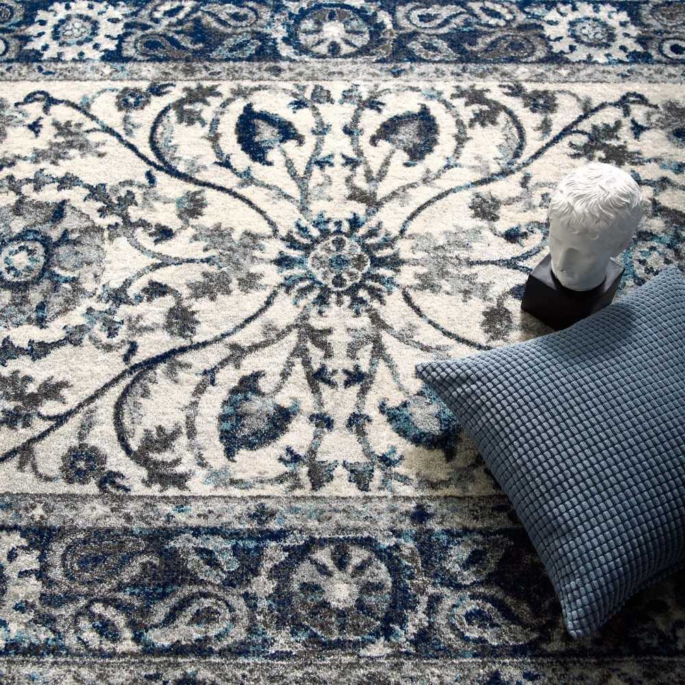 Entourage Samira Distressed Vintage Floral Persian Medallion 8x10 Area Rug, Ivory and Blue