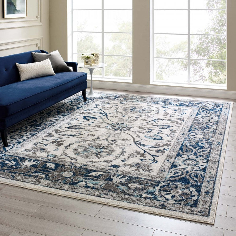 Entourage Samira Distressed Vintage Floral Persian Medallion 8x10 Area Rug, Ivory and Blue