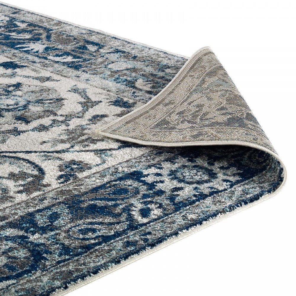 Entourage Samira Distressed Vintage Floral Persian Medallion 8x10 Area Rug, Ivory and Blue