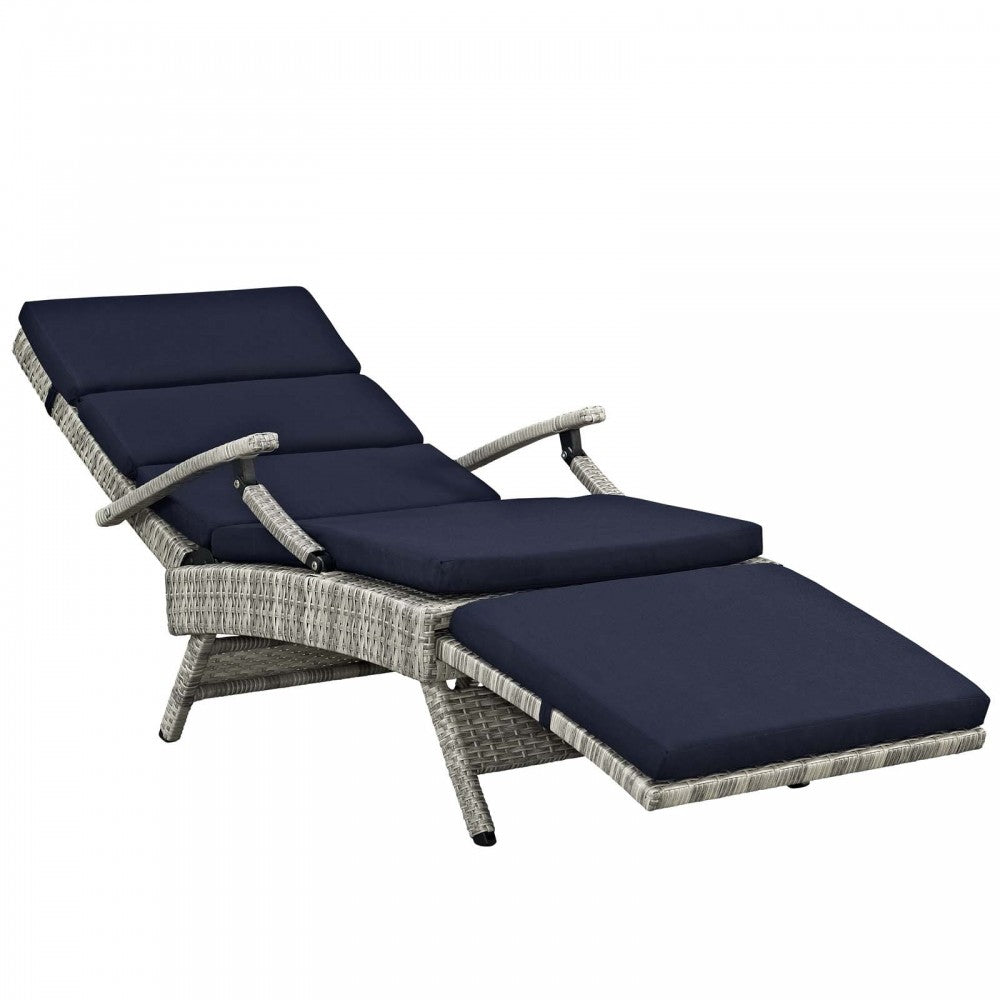 Envisage Chaise Outdoor Patio Wicker Rattan Lounge Chair, Light Gray Navy