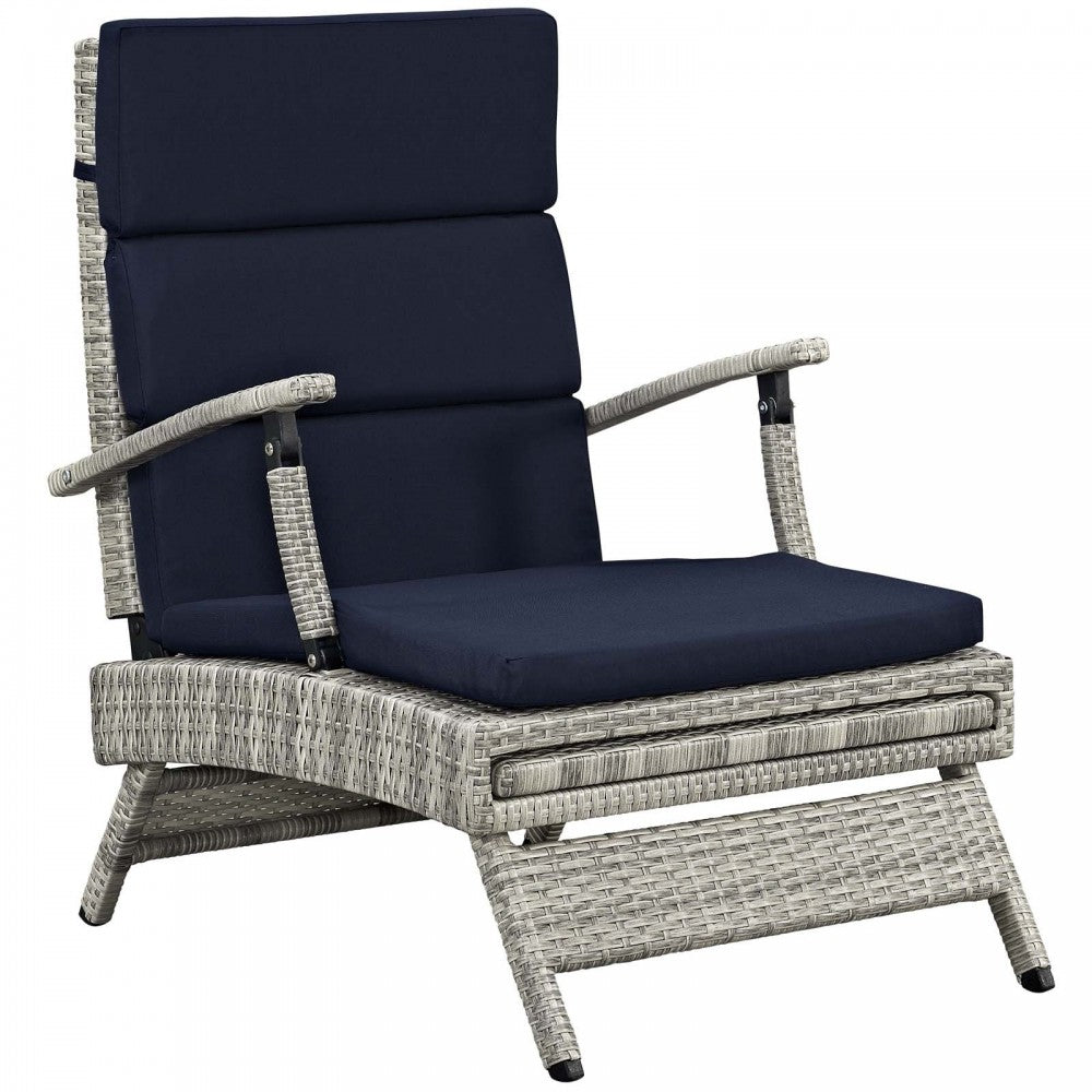 Envisage Chaise Outdoor Patio Wicker Rattan Lounge Chair, Light Gray Navy