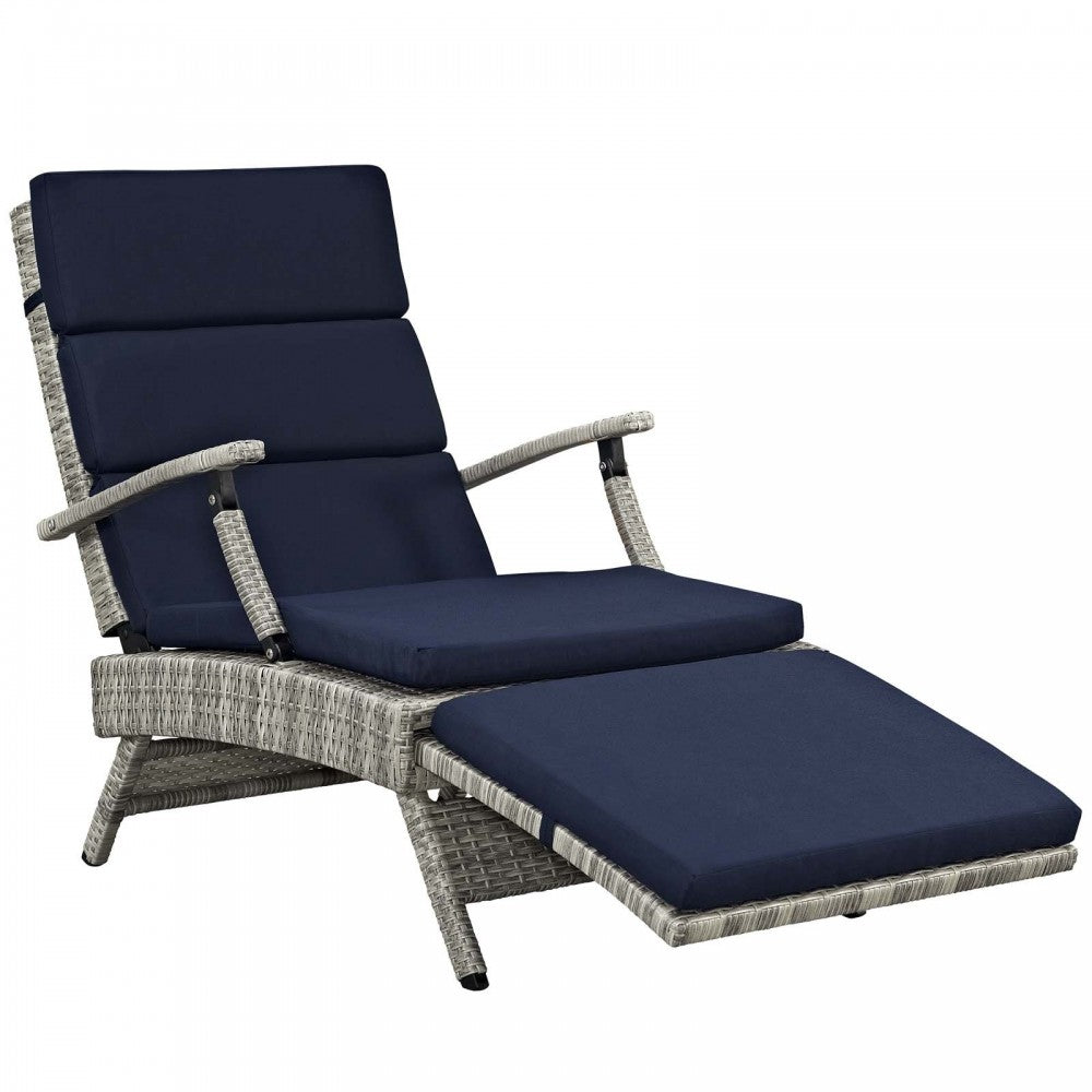 Envisage Chaise Outdoor Patio Wicker Rattan Lounge Chair, Light Gray Navy