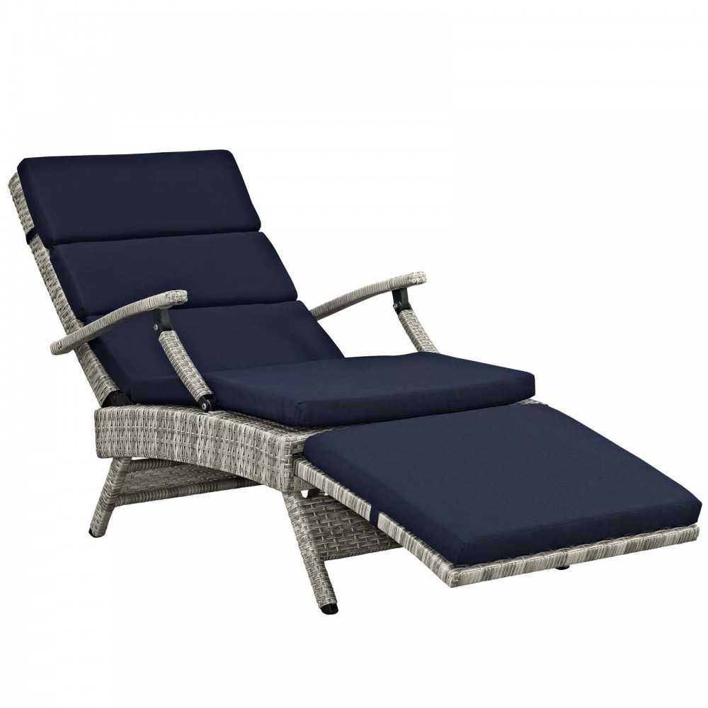 Envisage Chaise Outdoor Patio Wicker Rattan Lounge Chair, Light Gray Navy