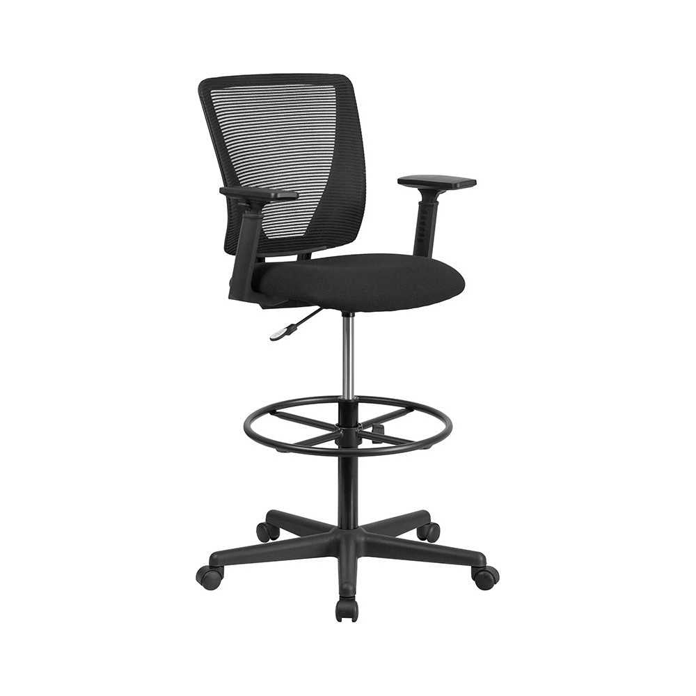 Ergonomic Mid-Back Mesh Drafting Chair with Black Fabric Seat, Adjustable Foot Ring and Adjustable Arms