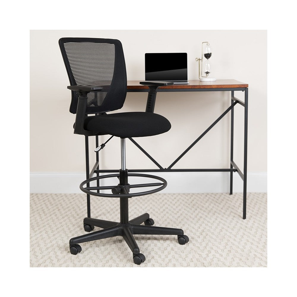 Ergonomic Mid-Back Mesh Drafting Chair with Black Fabric Seat, Adjustable Foot Ring and Adjustable Arms