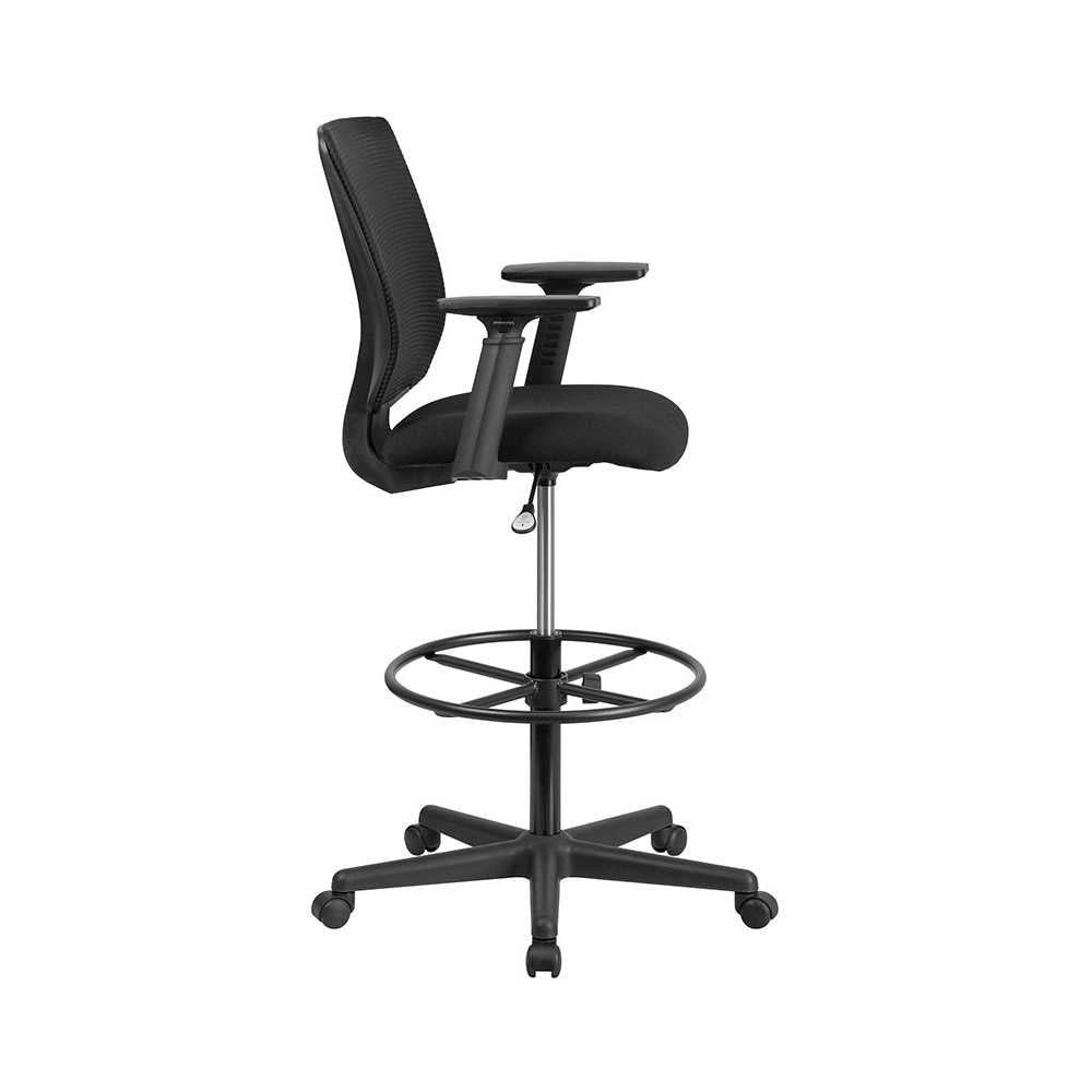 Ergonomic Mid-Back Mesh Drafting Chair with Black Fabric Seat, Adjustable Foot Ring and Adjustable Arms