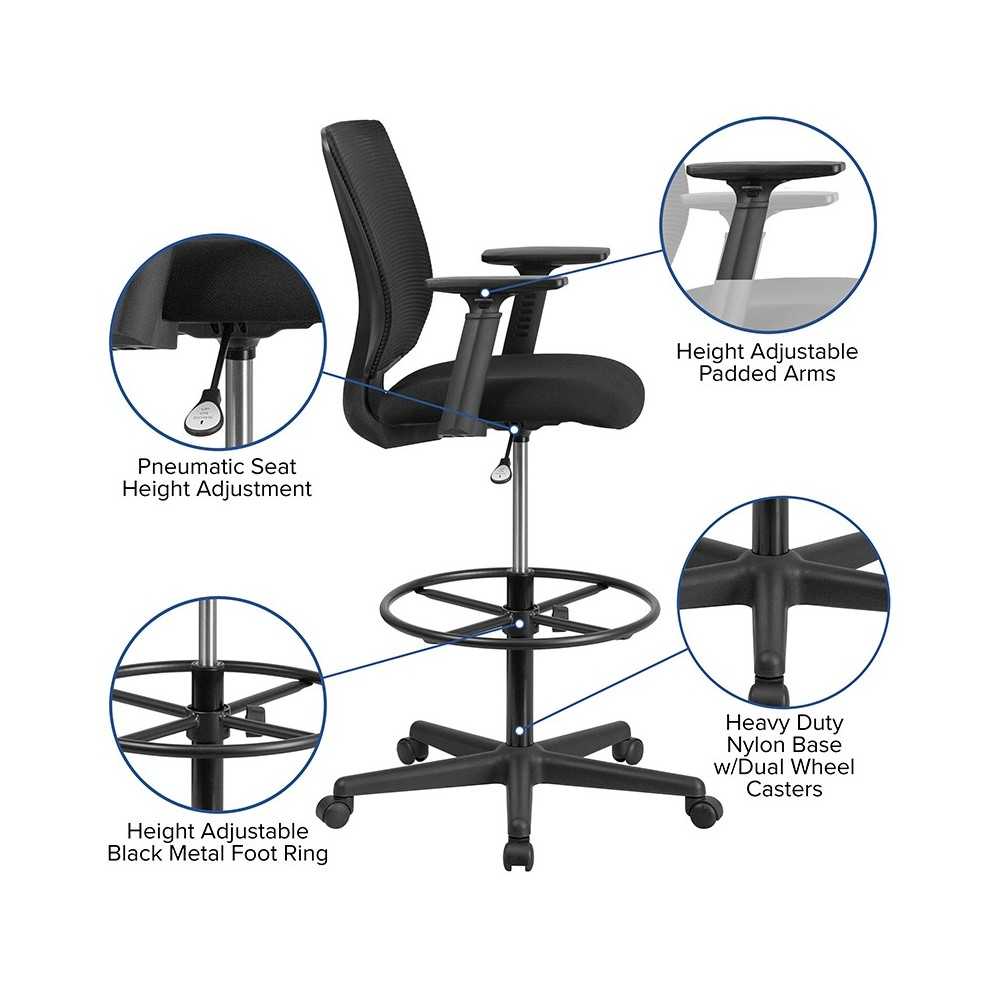 Ergonomic Mid-Back Mesh Drafting Chair with Black Fabric Seat, Adjustable Foot Ring and Adjustable Arms