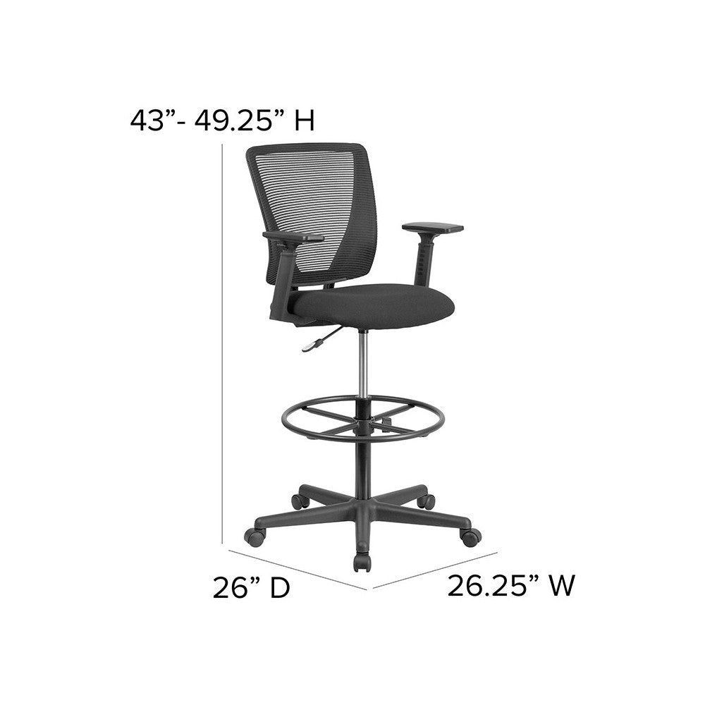 Ergonomic Mid-Back Mesh Drafting Chair with Black Fabric Seat, Adjustable Foot Ring and Adjustable Arms