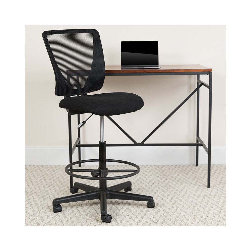 Ergonomic Mid-Back Mesh Drafting Chair with Black Fabric Seat and Adjustable Foot Ring