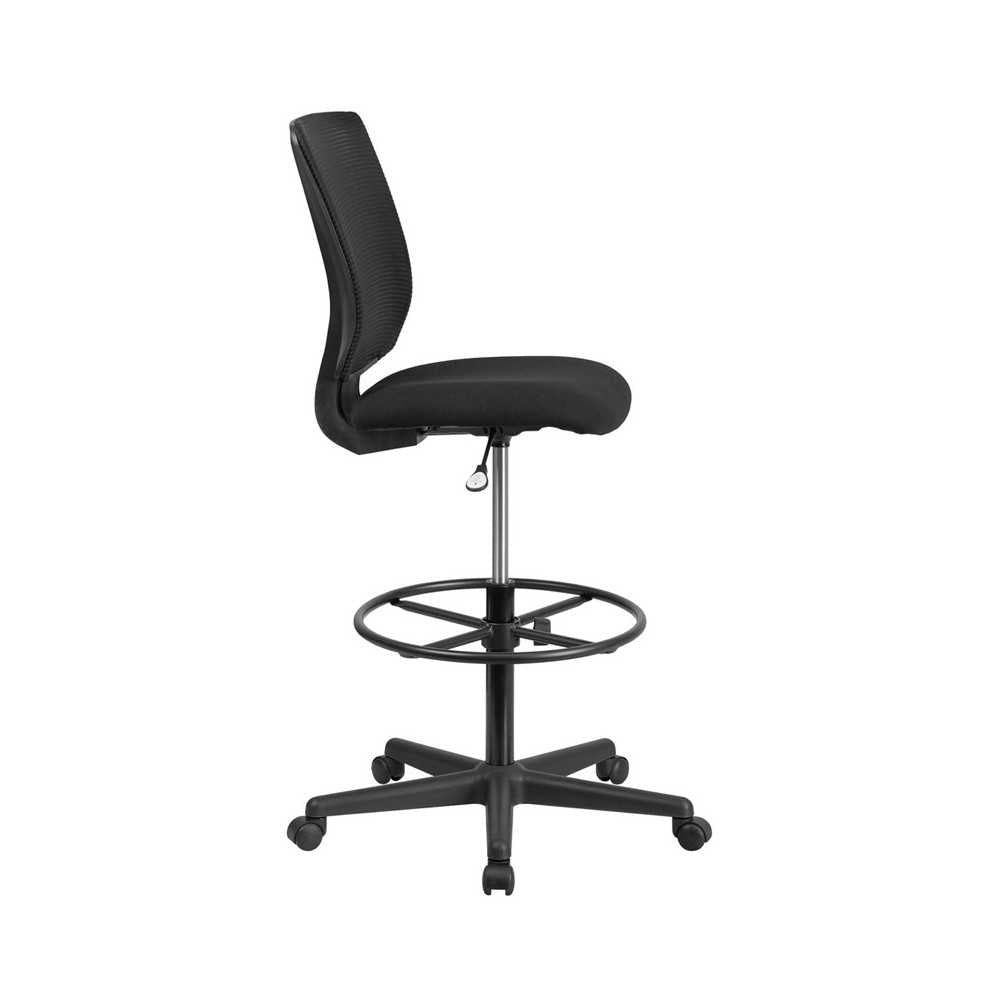 Ergonomic Mid-Back Mesh Drafting Chair with Black Fabric Seat and Adjustable Foot Ring