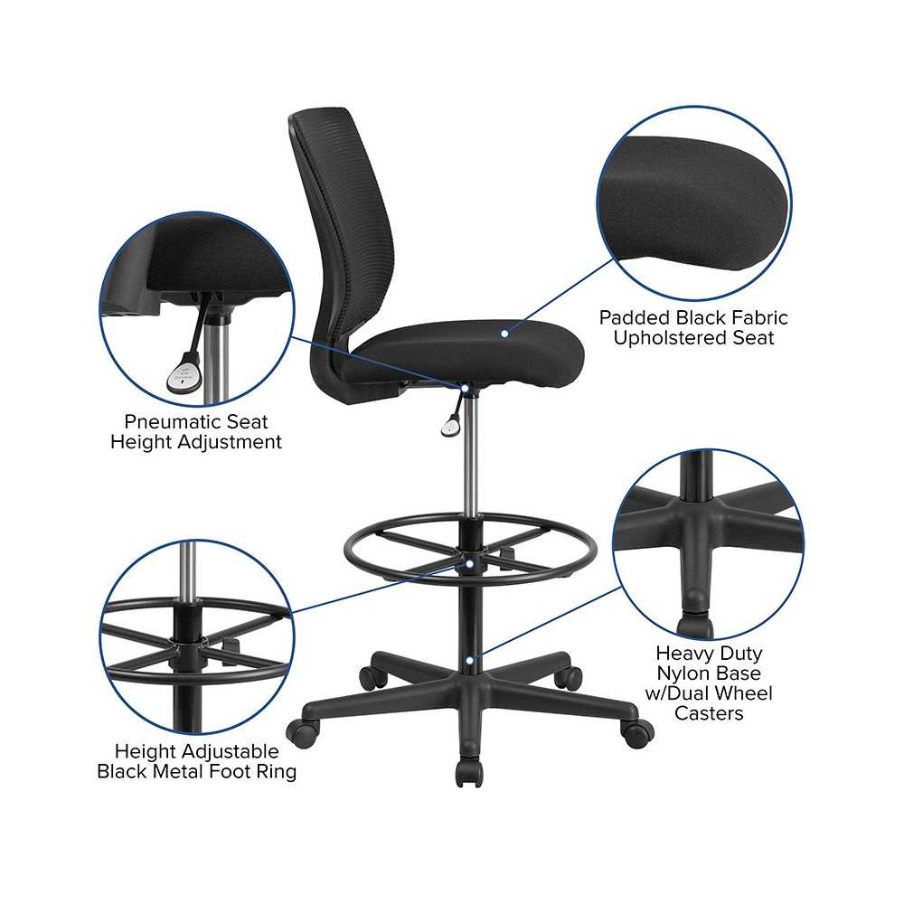 Ergonomic Mid-Back Mesh Drafting Chair with Black Fabric Seat and Adjustable Foot Ring