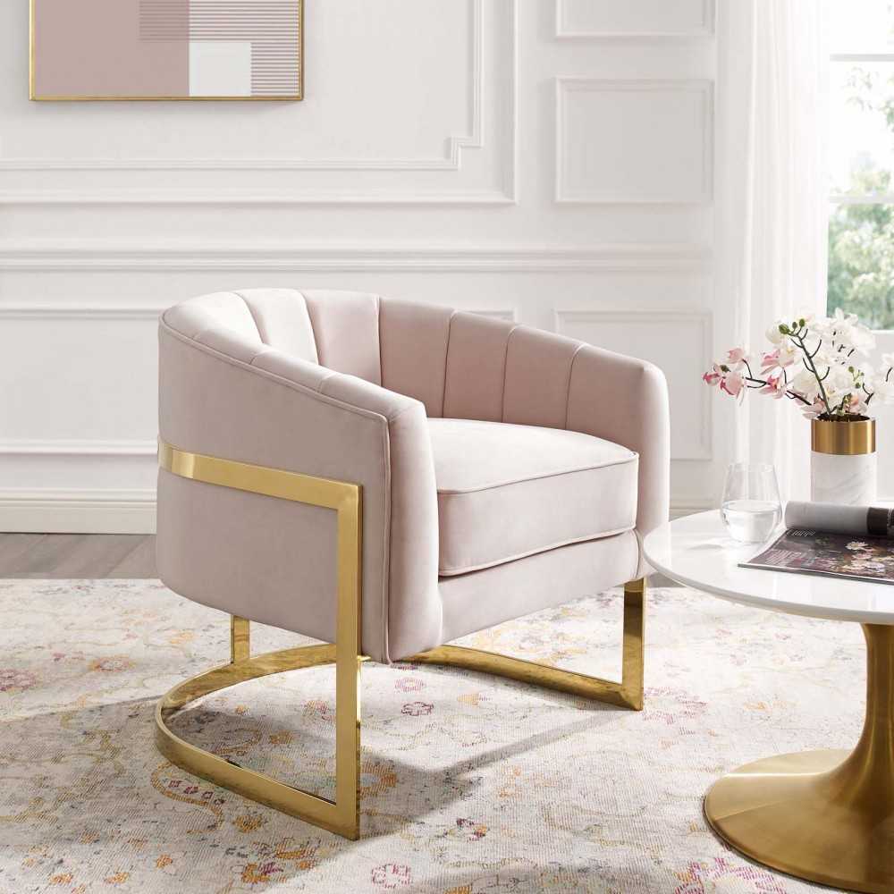 Esteem Vertical Channel Tufted Performance Velvet Accent Armchair, Pink
