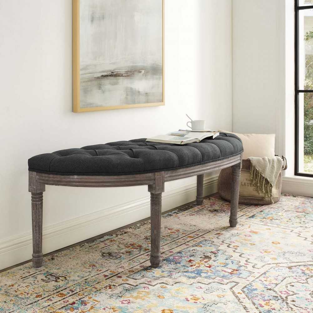 Esteem Vintage French Upholstered Fabric Semi-Circle Bench, Gray