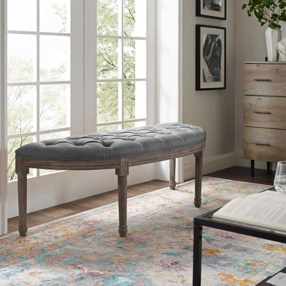 Esteem Vintage French Upholstered Fabric Semi-Circle Bench, Light Gray