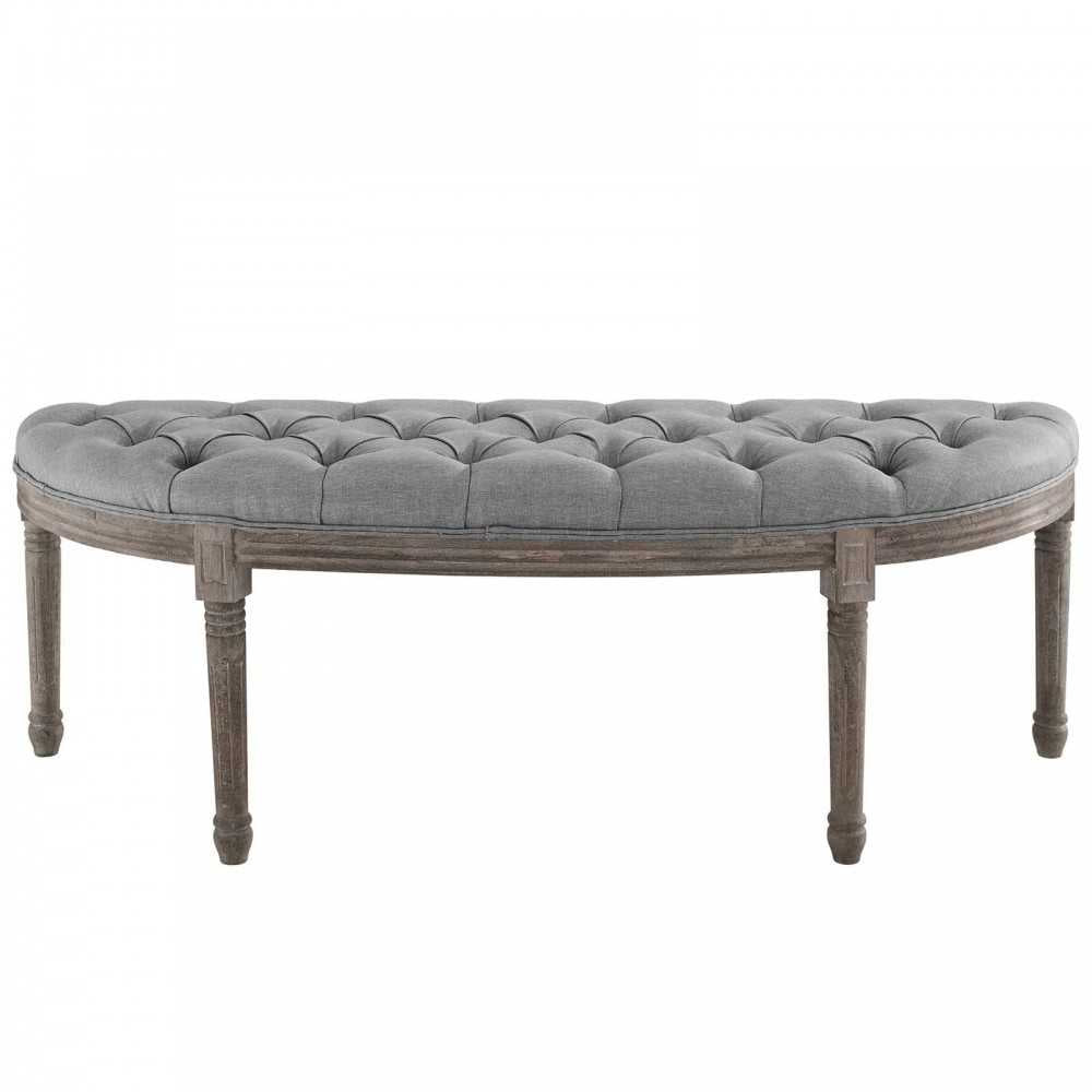 Esteem Vintage French Upholstered Fabric Semi-Circle Bench, Light Gray