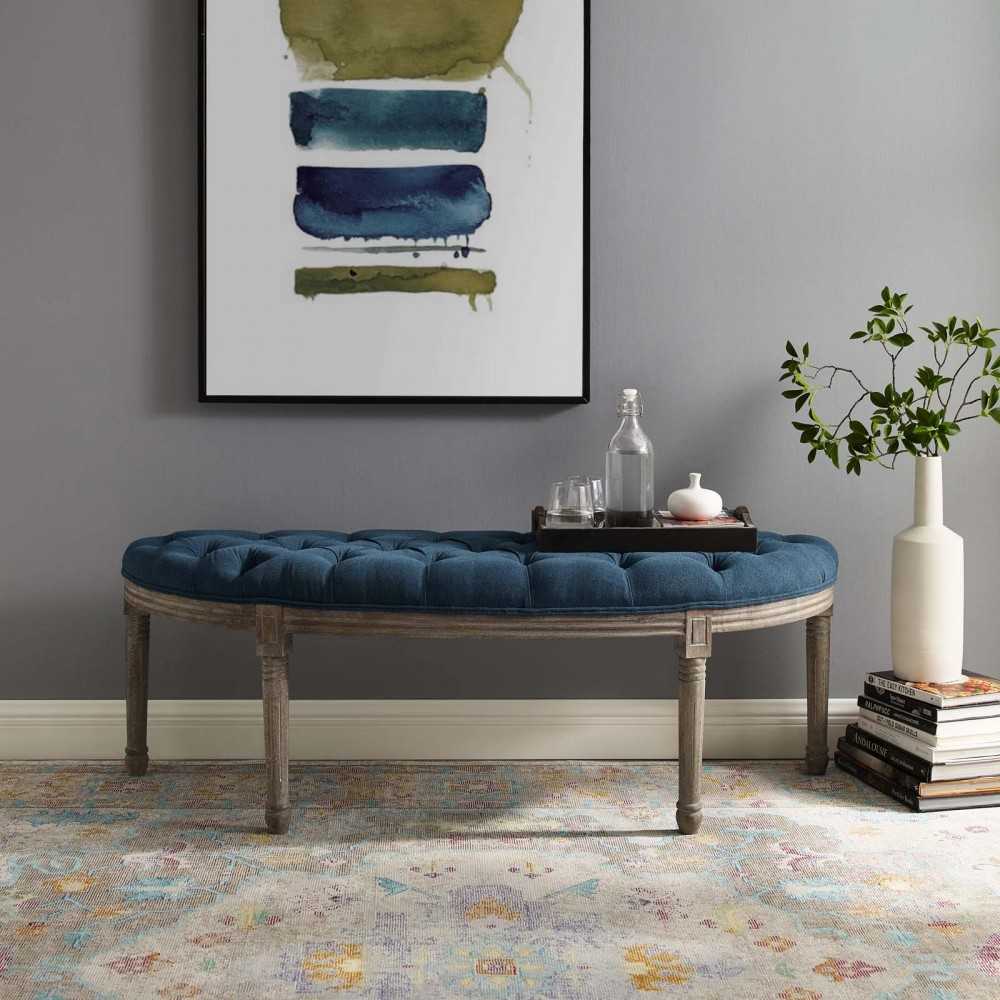 Esteem Vintage French Upholstered Fabric Semi-Circle Bench, Navy