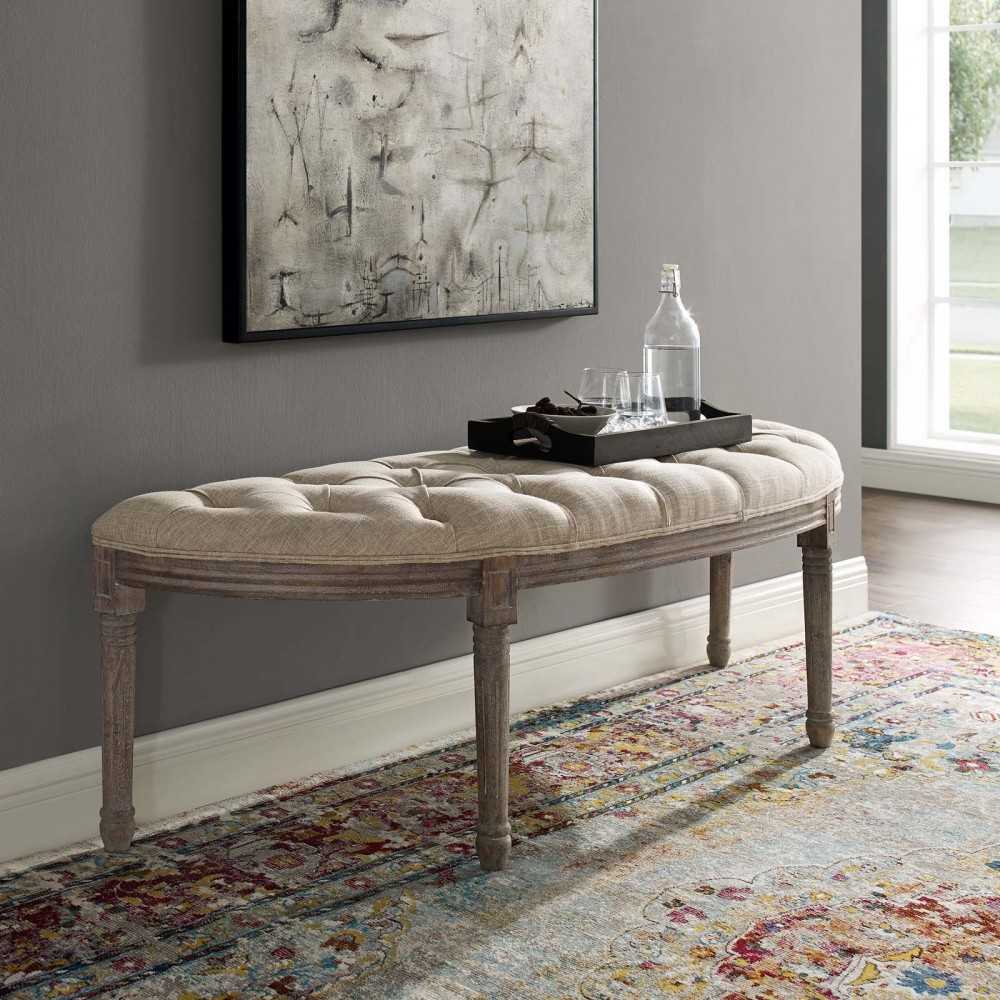 Esteem Vintage French Upholstered Fabric Semi-Circle Bench, Beige