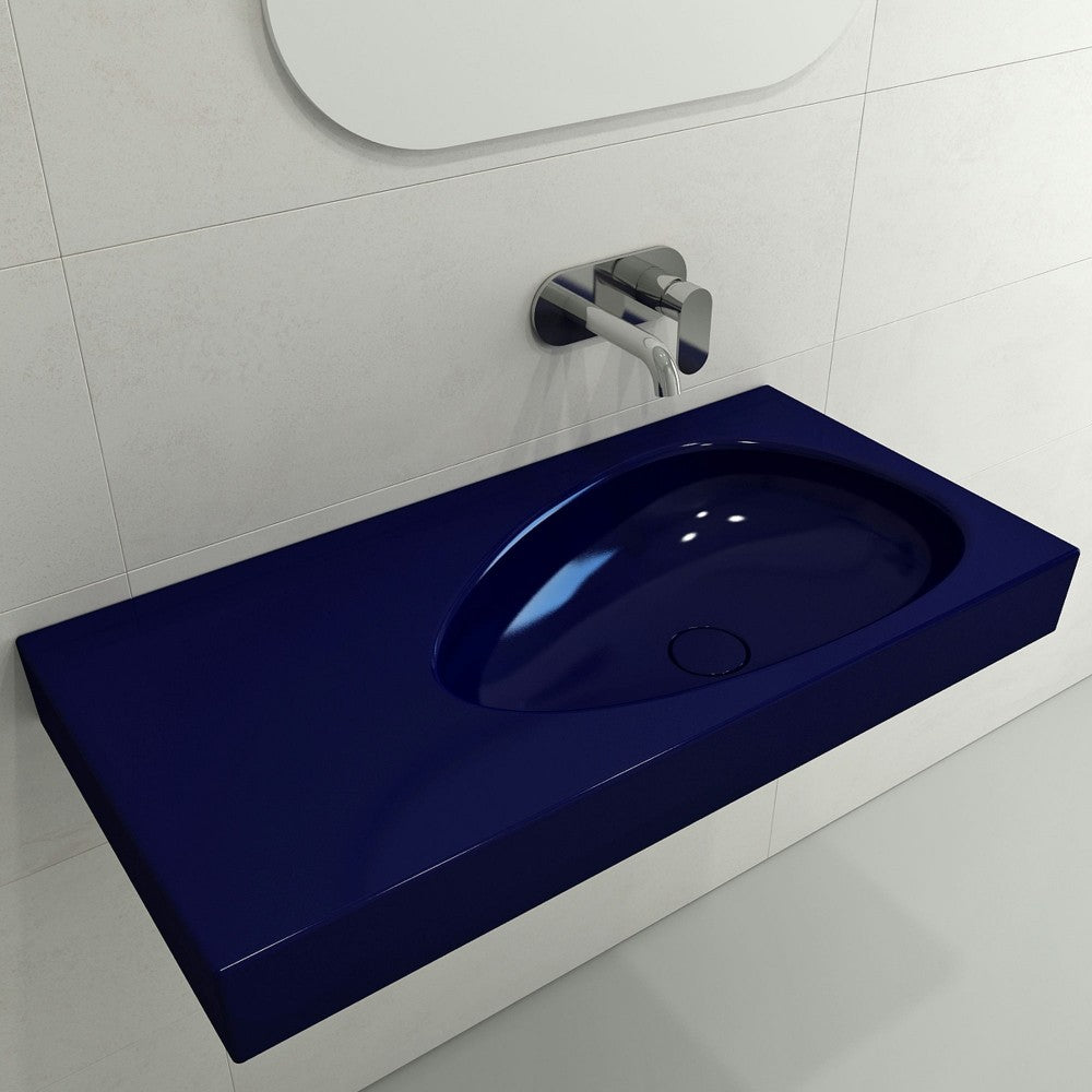 Etna Wall-Mounted Sink Fireclay 35.5 in. with Drain Cover in Sapphire Blue