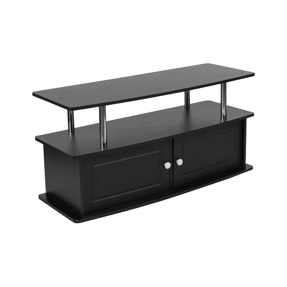 Evanston Black TV Stand with Shelves, Cabinet and Stainless Steel Tubing