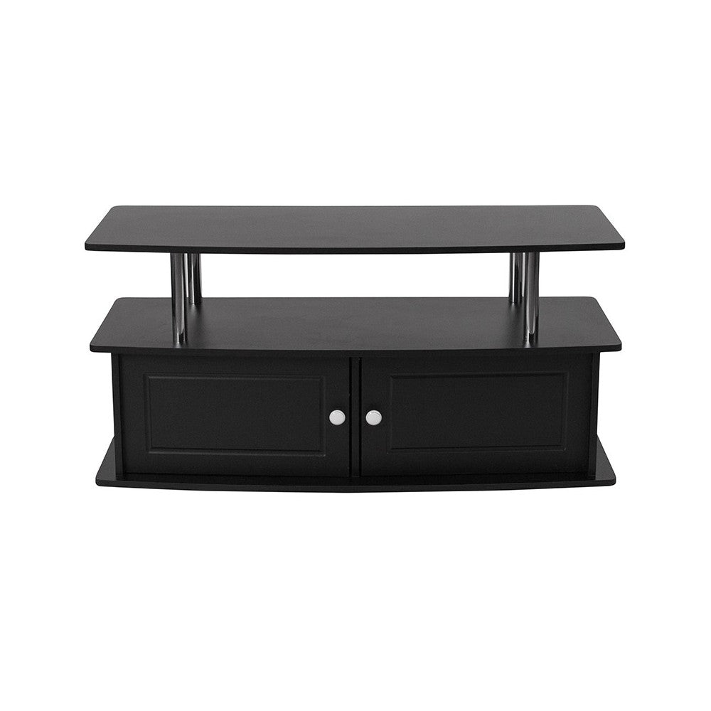 Evanston Black TV Stand with Shelves, Cabinet and Stainless Steel Tubing