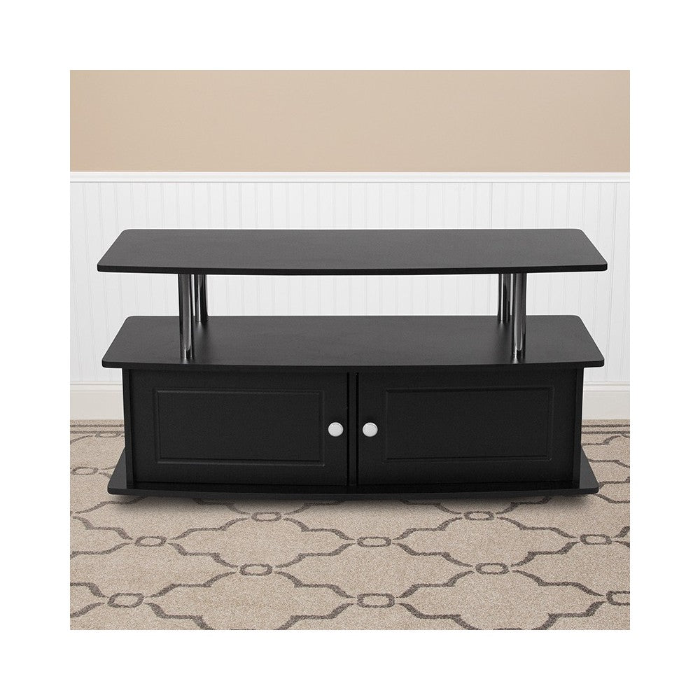 Evanston Black TV Stand with Shelves, Cabinet and Stainless Steel Tubing