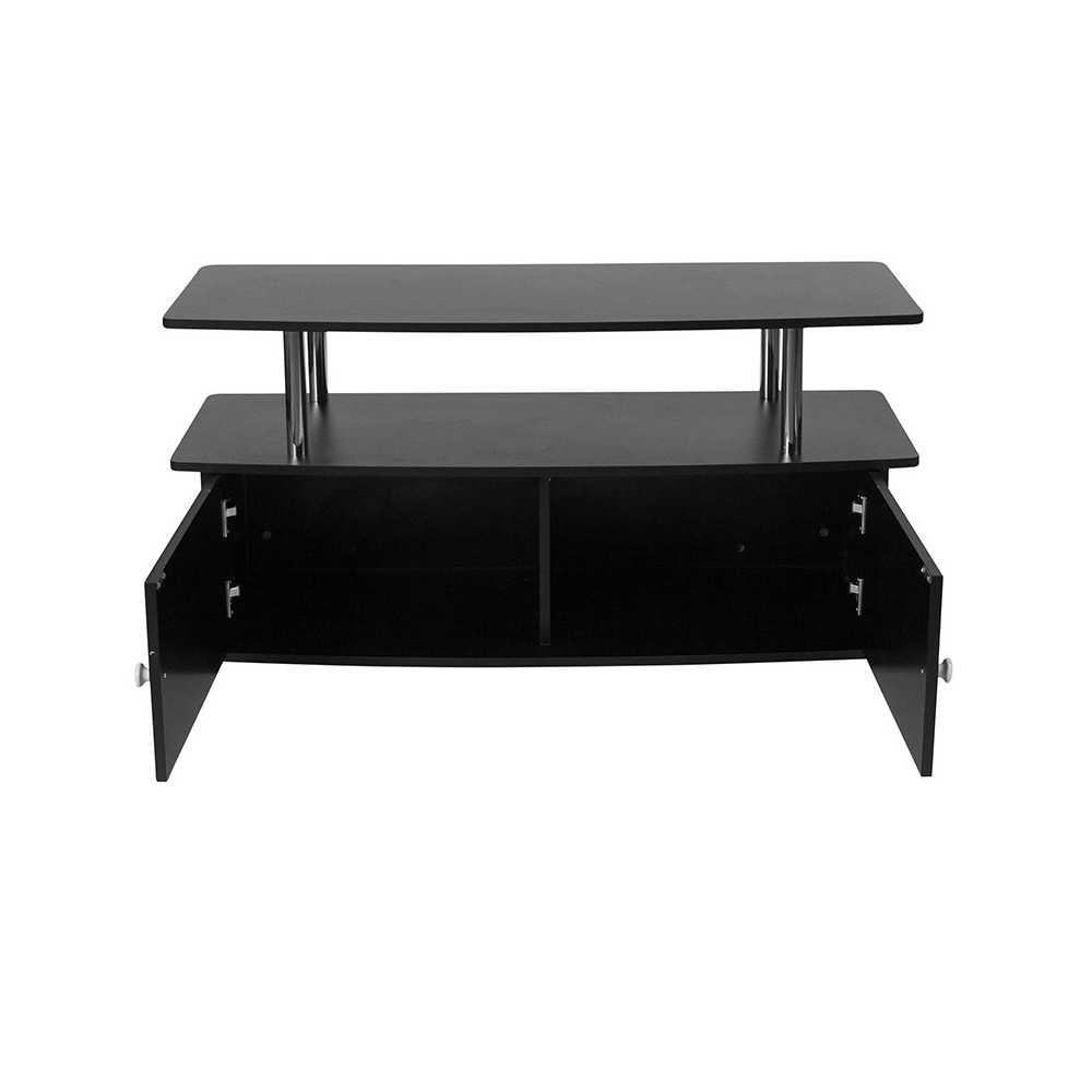 Evanston Black TV Stand with Shelves, Cabinet and Stainless Steel Tubing