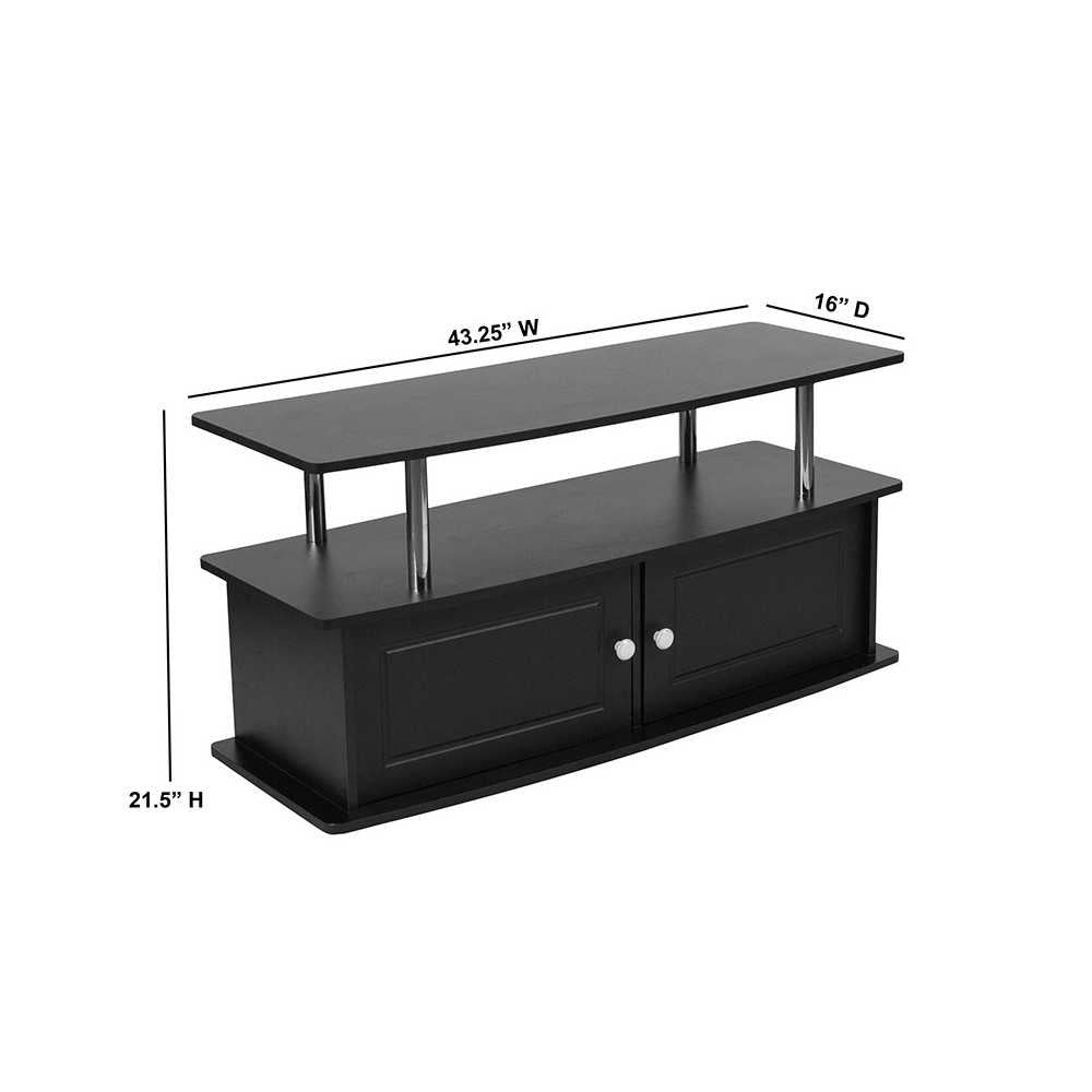 Evanston Black TV Stand with Shelves, Cabinet and Stainless Steel Tubing