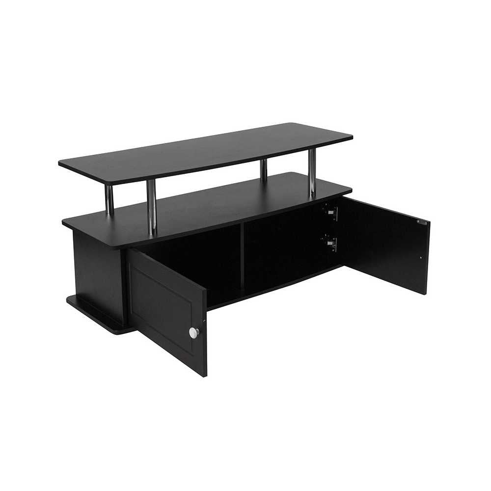 Evanston Black TV Stand with Shelves, Cabinet and Stainless Steel Tubing