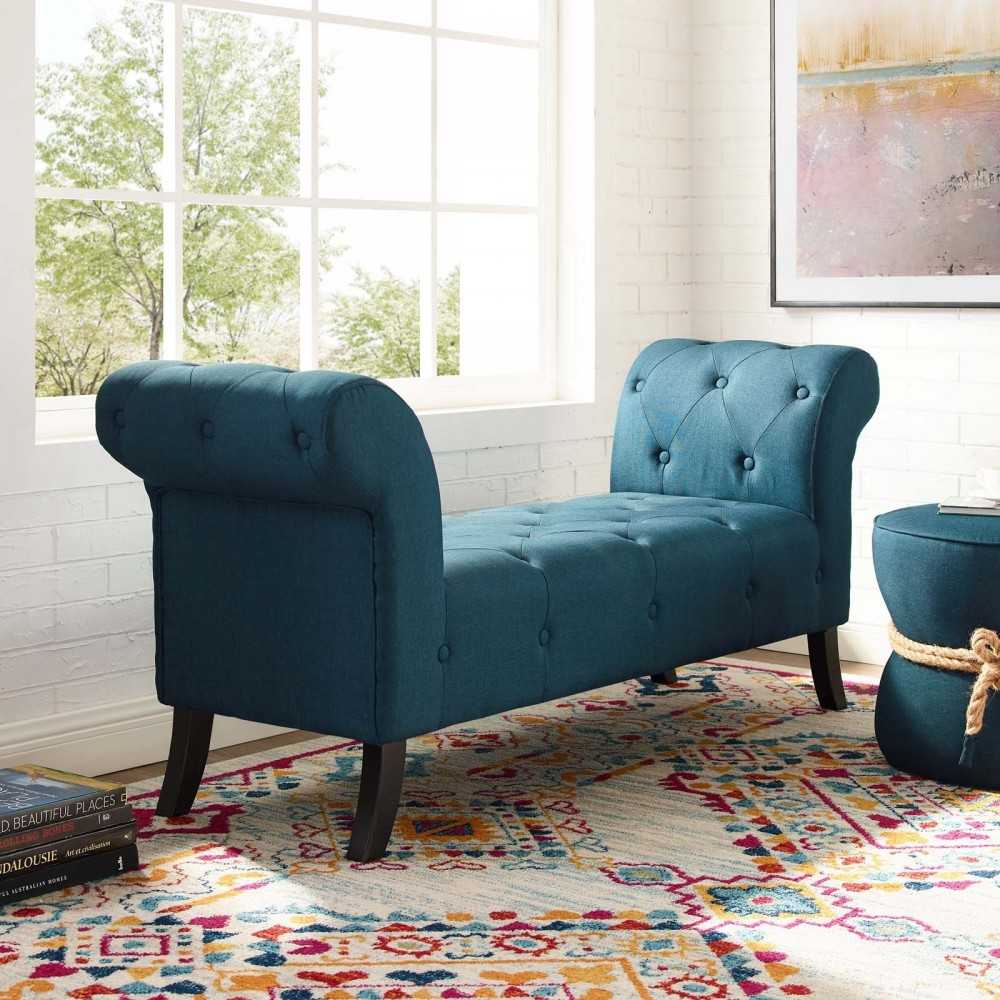 Evince Button Tufted Accent Upholstered Fabric Bench, Blue