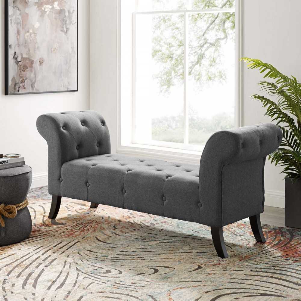 Evince Button Tufted Accent Upholstered Fabric Bench, Gray