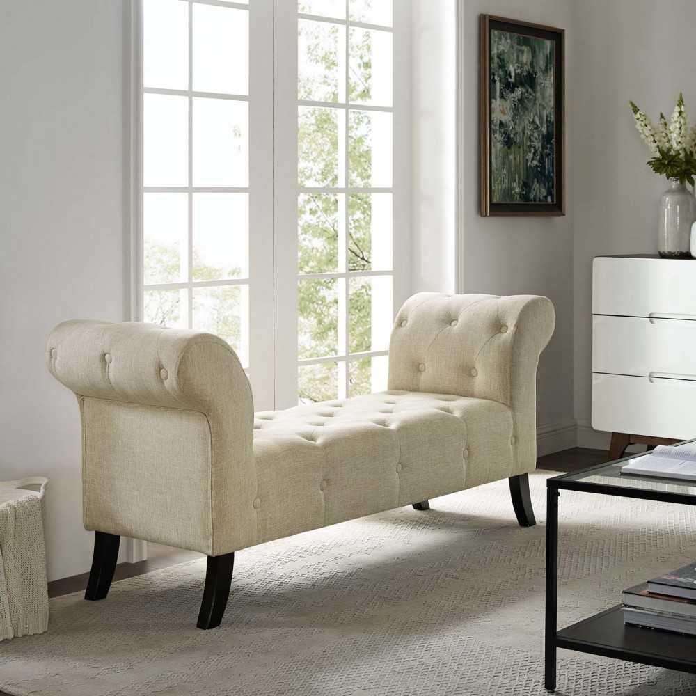 Evince Button Tufted Accent Upholstered Fabric Bench, Beige