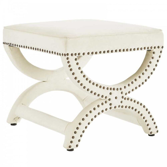 Expound Upholstered Nailhead Trim Performance Velvet Ottoman, Ivory