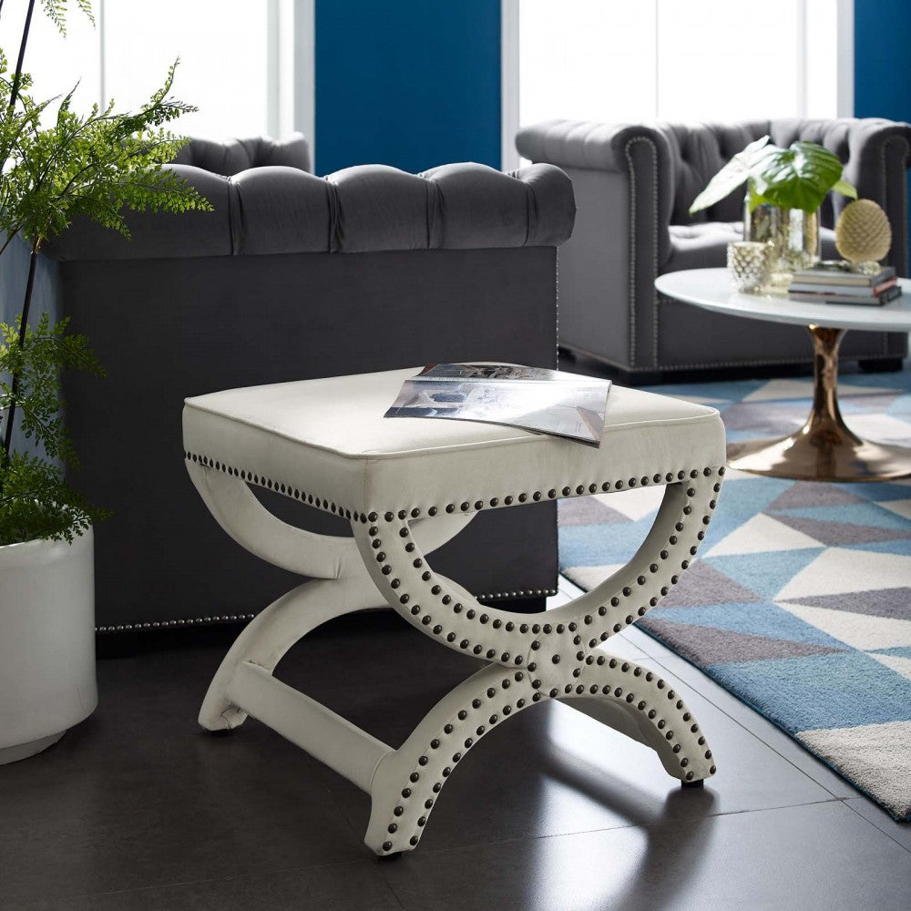 Expound Upholstered Nailhead Trim Performance Velvet Ottoman, Ivory