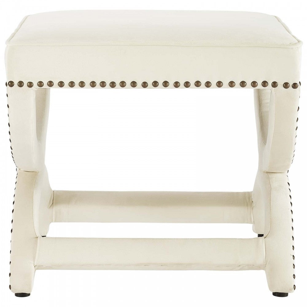 Expound Upholstered Nailhead Trim Performance Velvet Ottoman, Ivory