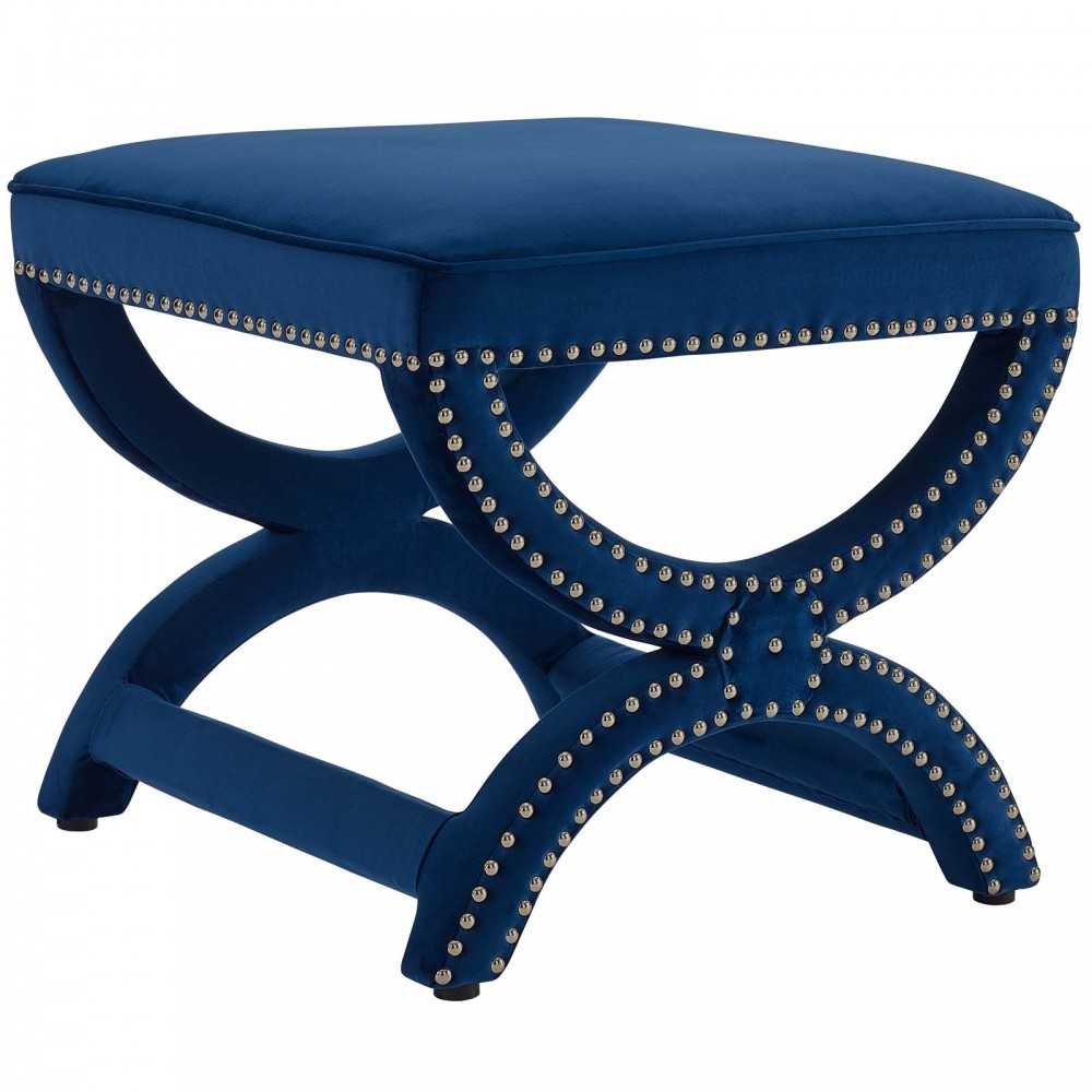 Expound Upholstered Nailhead Trim Performance Velvet Ottoman, Navy