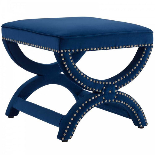 Expound Upholstered Nailhead Trim Performance Velvet Ottoman, Navy