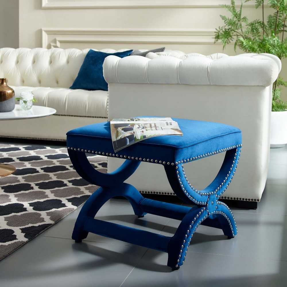 Expound Upholstered Nailhead Trim Performance Velvet Ottoman, Navy
