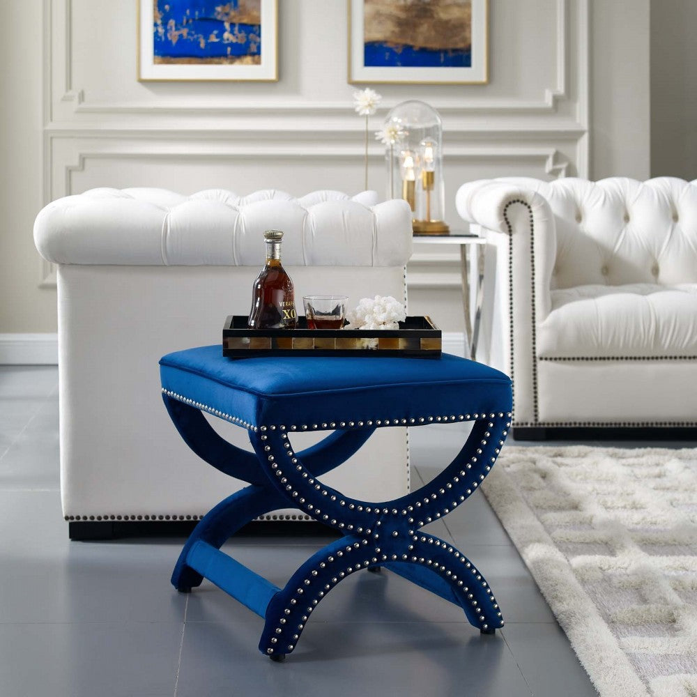 Expound Upholstered Nailhead Trim Performance Velvet Ottoman, Navy